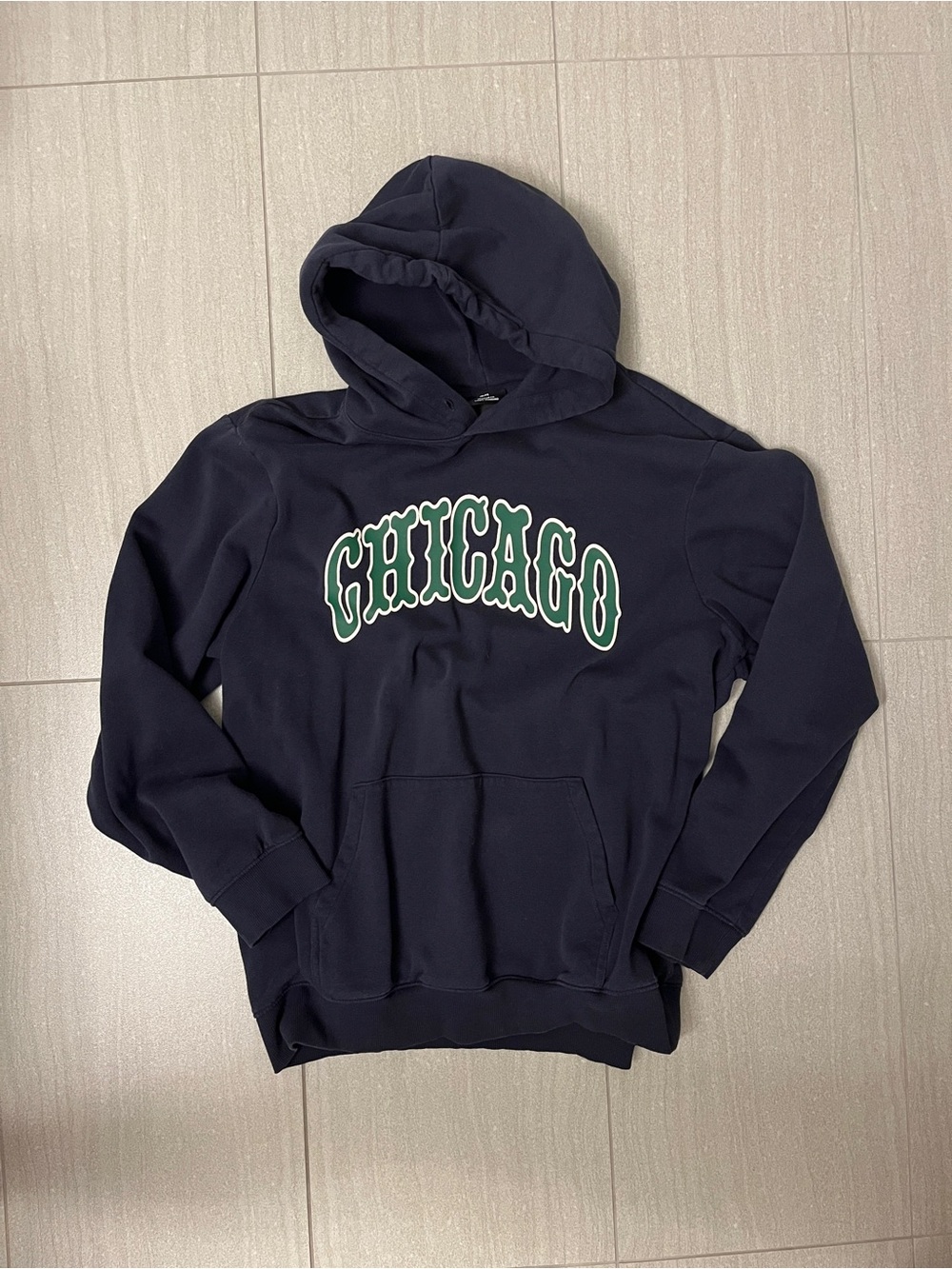 H&M Navy Crewneck Hoodie with Green and White Chicago Graphic